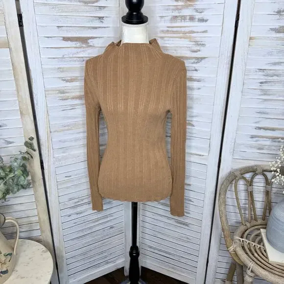 MADEWELL Women's Leaton M Lightweight Ribbed Mock Sweater Heather Caramel Brown - Picture 14 of 15